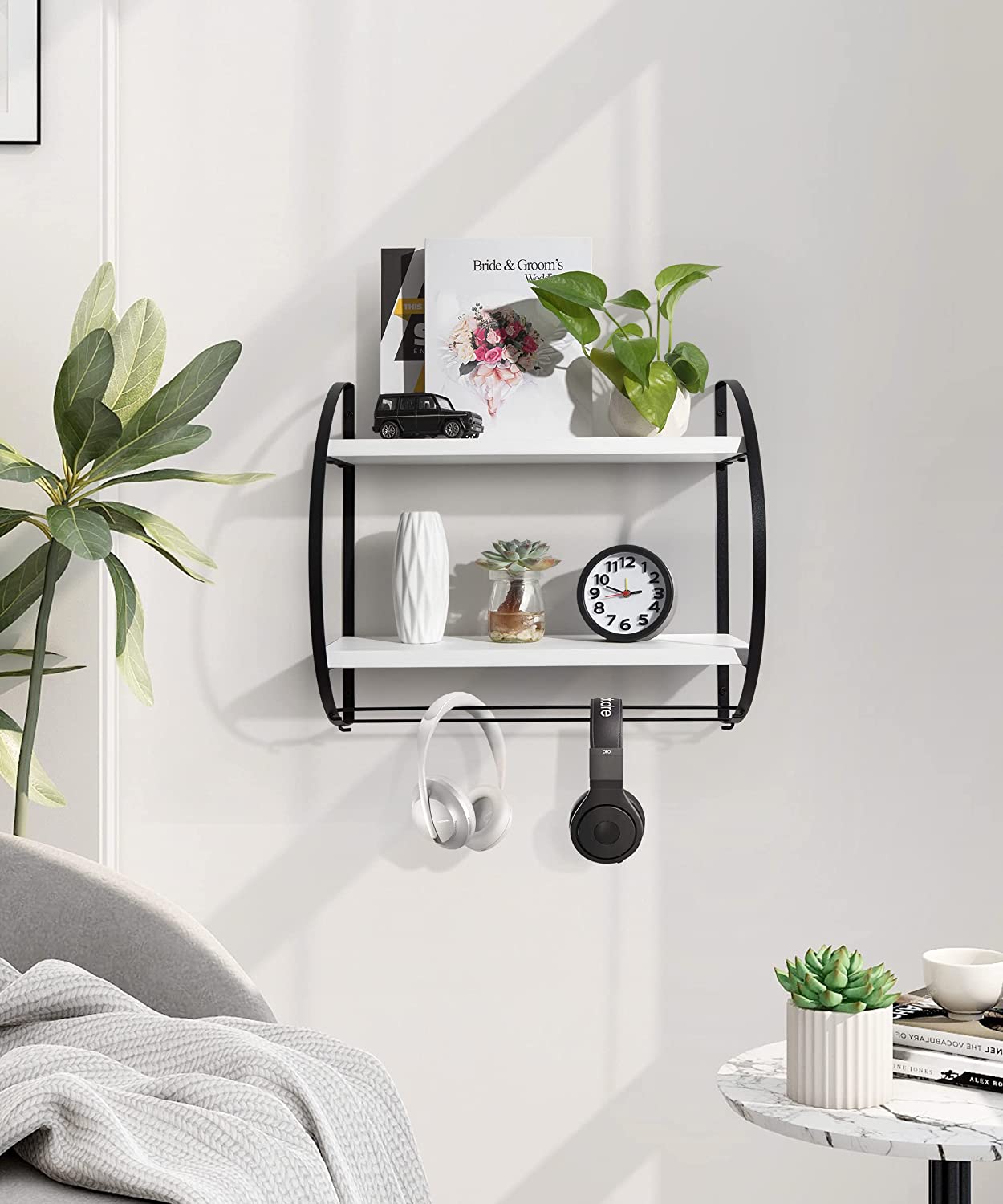 Afuly Floating Shelves with Towel Bar, 2 Tier Storage Shelf  Wall Mounted, Black and White Shelves