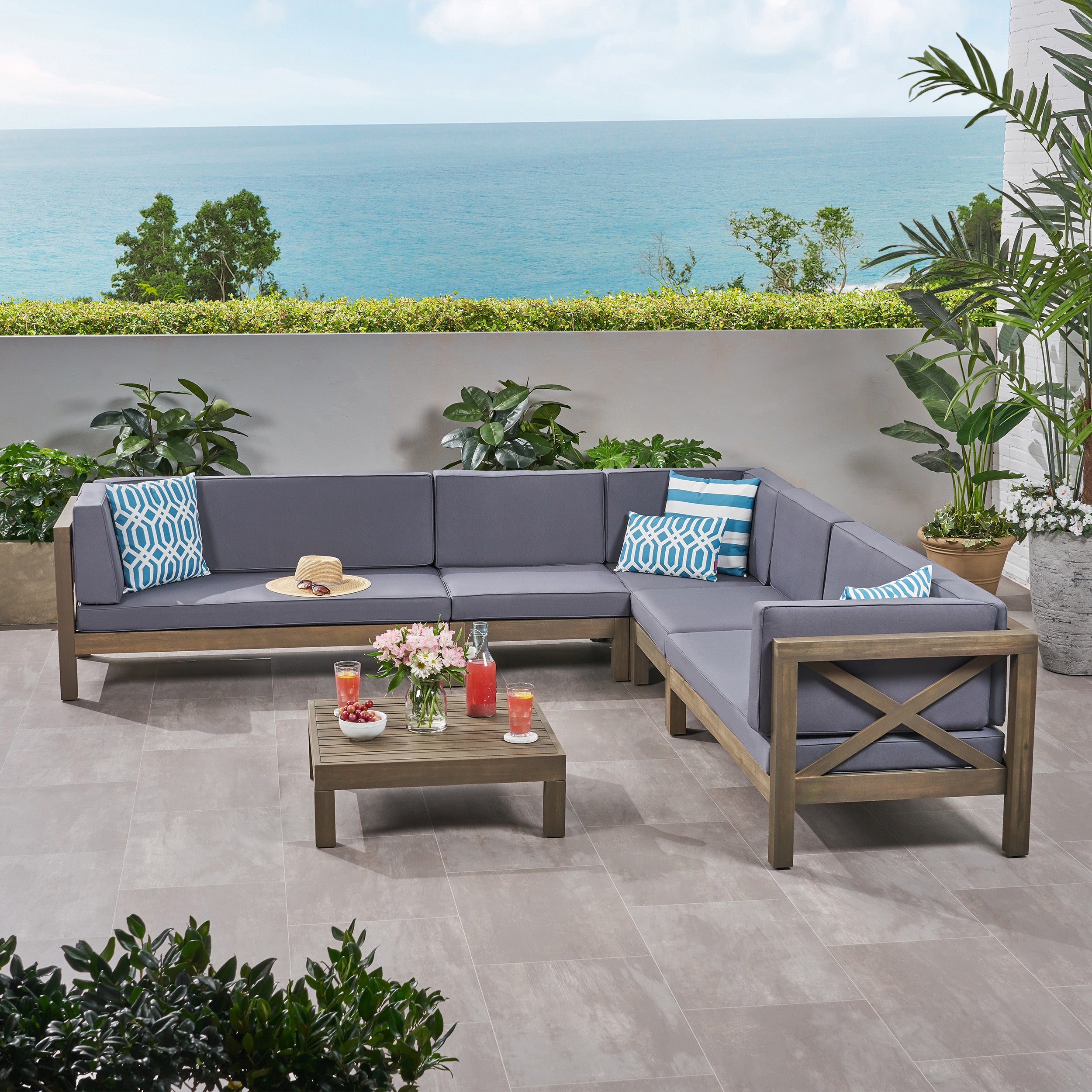 Cynthia Outdoor 7 Seater Acacia Wood Sectional Sofa Set