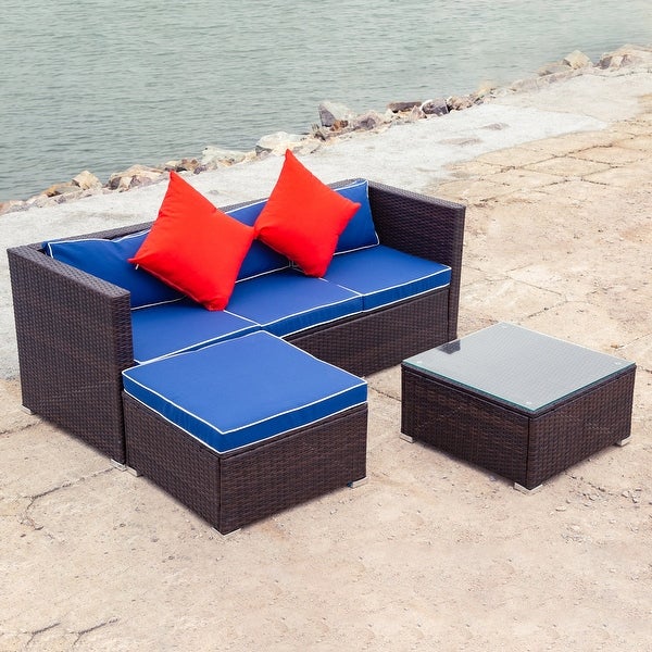 3-Pieces Wide Outdoor Wicker Patio Sectional with Cushions - Overstock - 36046282