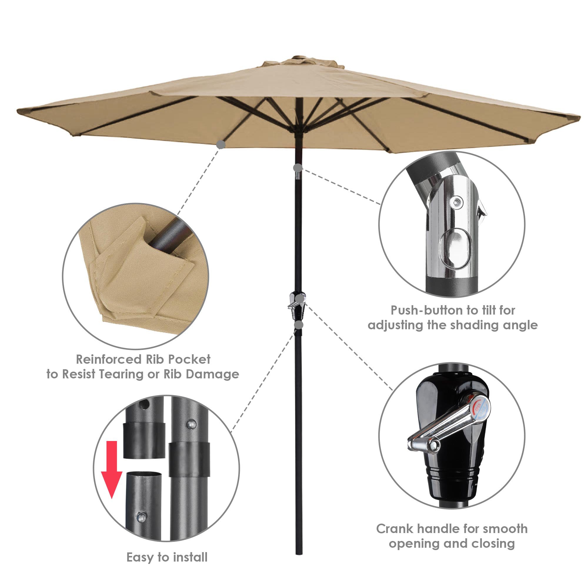 LAGarden 9 Ft Aluminum Outdoor Patio Umbrella Kit Brown with Crank Handle Tilt UV30+ Base Market Garden Beach Pool