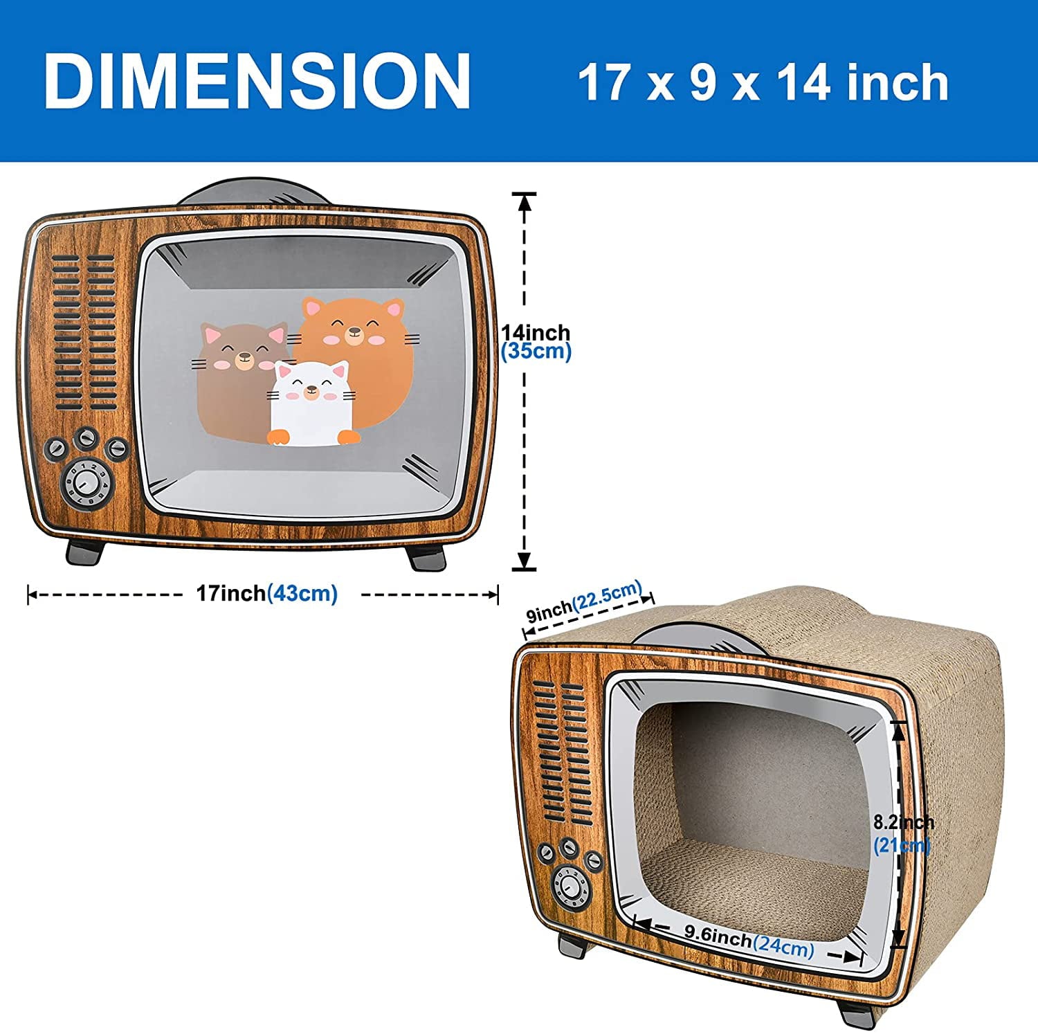 ScratchMe TV Cat Scratcher Cardboard Lounge Bed， Cat Scratching Board， Durable Board Pads Prevents Furniture Damage， Wood