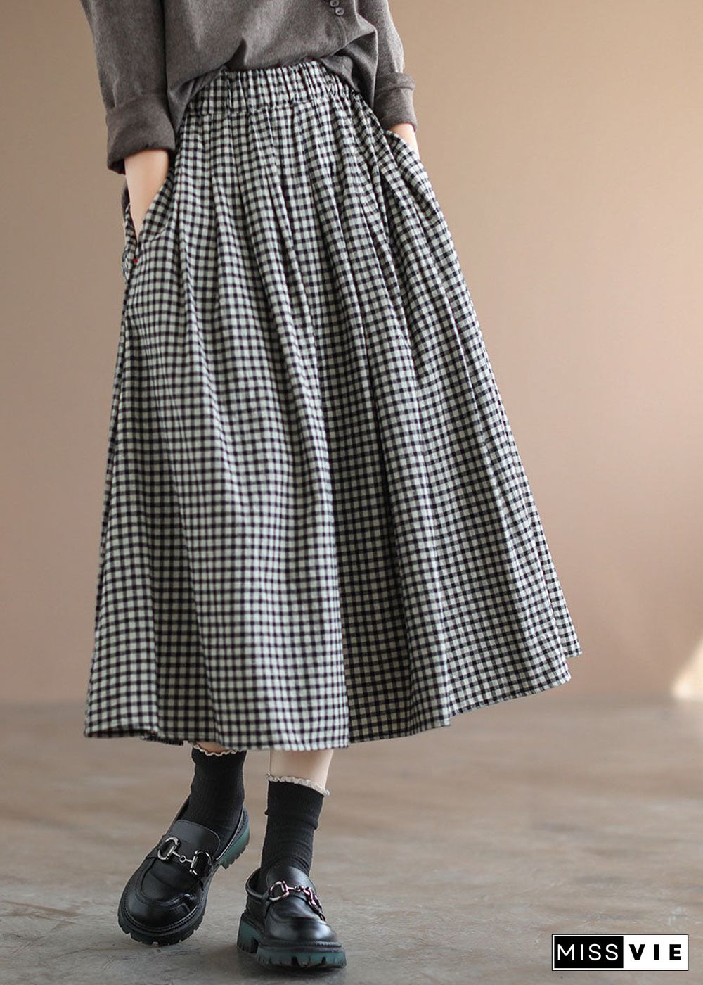 Handmade Blue Plaid Elastic Waist Pockets Fall Skirt