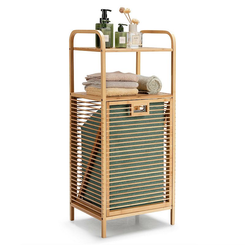 Tilt-out Wicker Laundry Hamper  with 2-Tier Shelf and Removable Liner-Natural