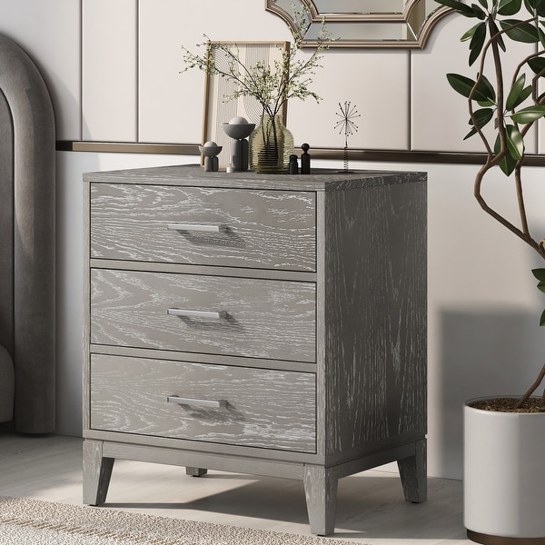 Solid wood Grey grain Three-Drawer Nightstand with Tapered Legs - - 37754729