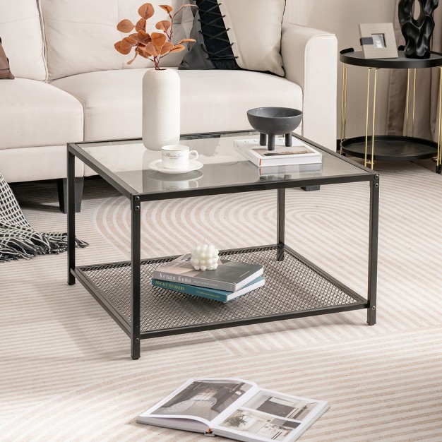 Costway Glass Coffee Table 27 5 Inch 2 tier Square With Mesh Shelf Living Room Grey transparent