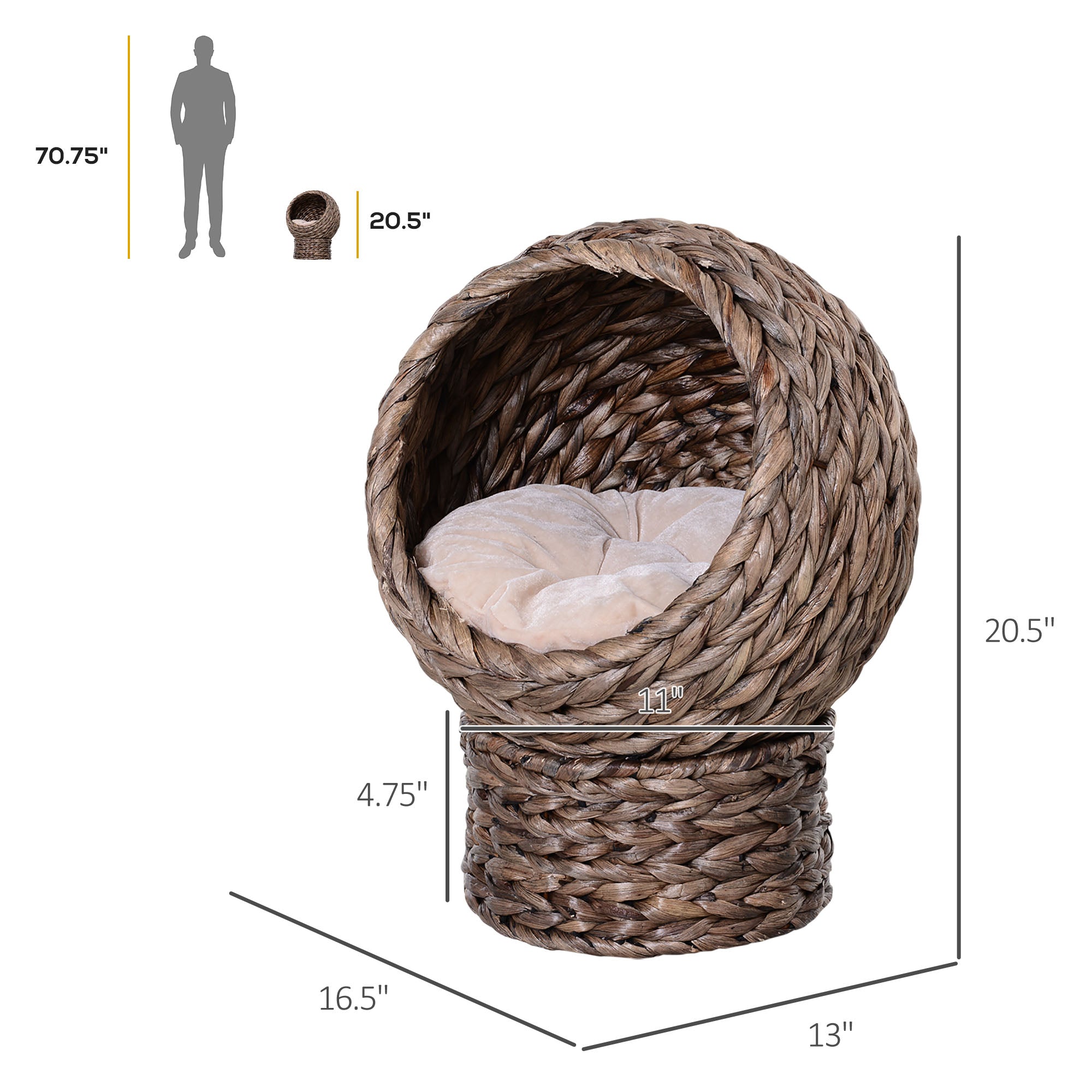 PawHut Handwoven Elevated Cat Bed with Soft Cushion & Cat Egg Chair Shape, Cat Basket Bed Kitty House with Stand, Raised Wicker Cat Bed for Indoor Cats, 20" Dia. x 23.5" H, Dark Brown