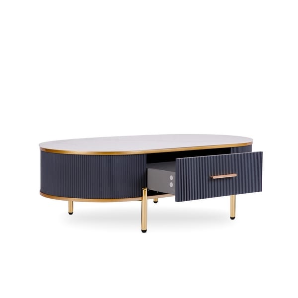 Modern White/Dark Gray Coffee Table Sintered Stone Top With Drawer and Gold Metal Legs