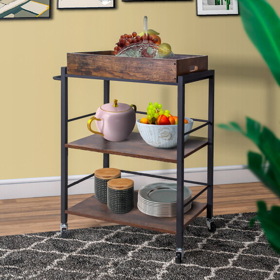 Tray Top Wooden Kitchen Cart with 2 Shelves and Ca...