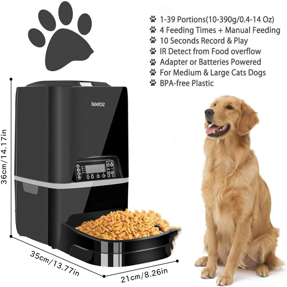 Iseebiz Automatic Dog Feeder， 5L， Pet Food Dispenser with Voice Recording， Timer Programmable， Black