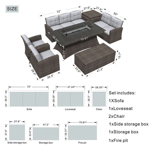 Moda 7piece Patio Outdoor Wicker Sofa Set with Fire Pit Table