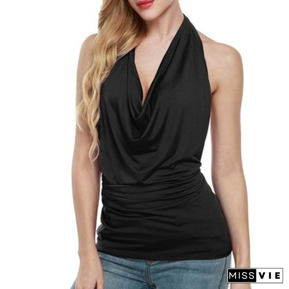 Women Sexy Summer Halter Cowl Neck Sleeveless Ruched Tank Tops Backless Solid Tops