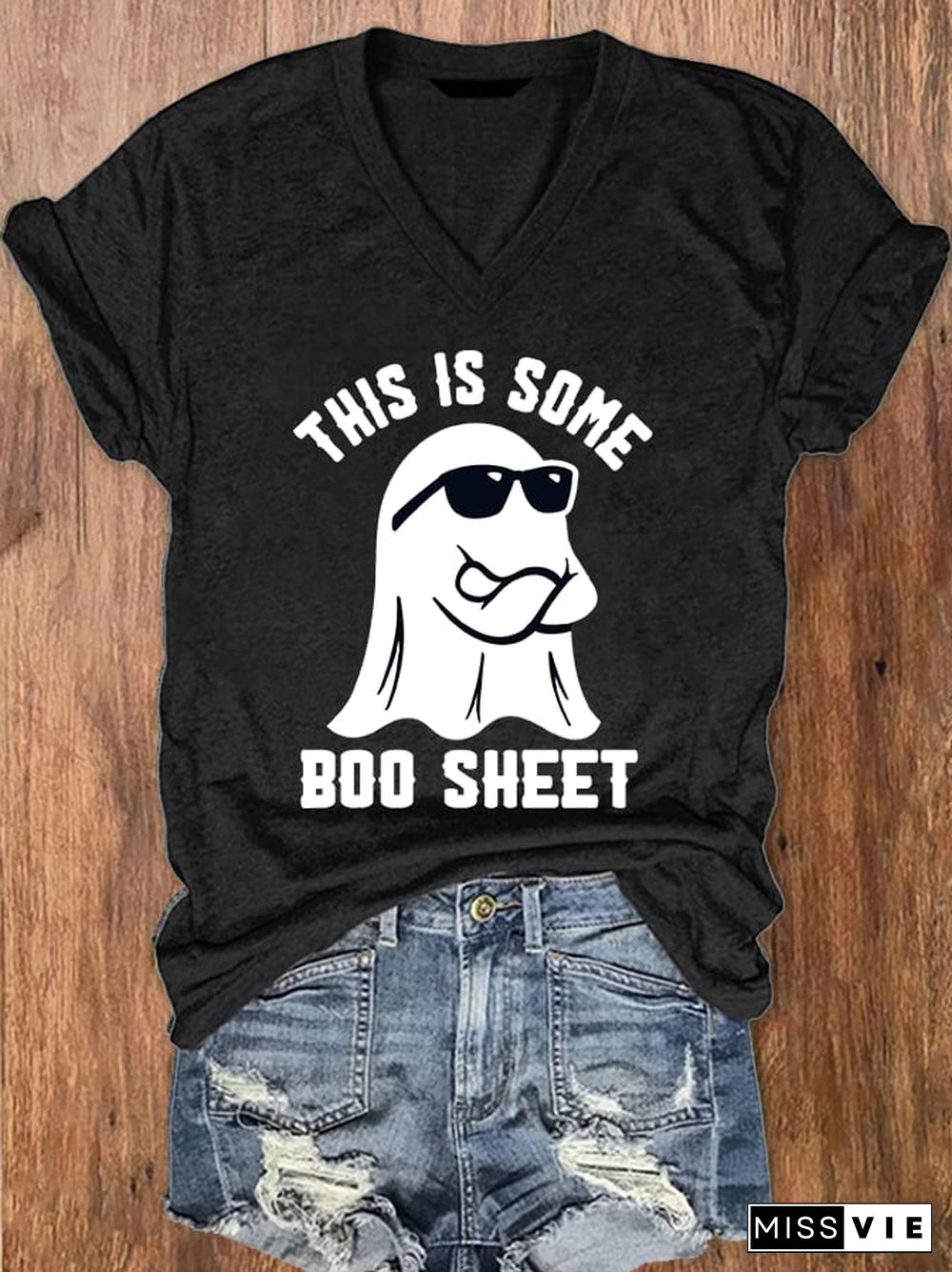 Women's Halloween This Is Some Boo Sheet Print V-Neck T-Shirt