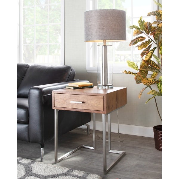 Carson Carrington Siuntio Roman Contemporary Walnut Wood and Stainless Steel End Table with Drawer