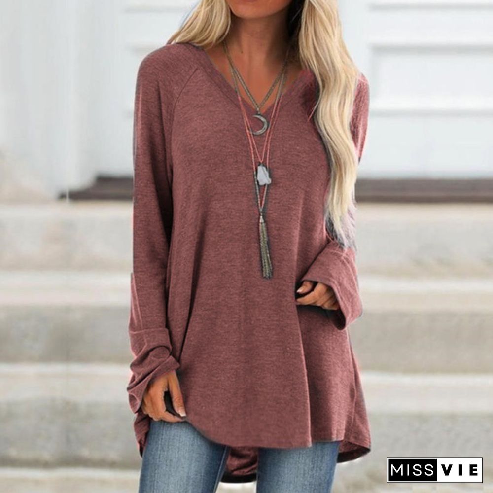 Women's Plain Long Sleeves Loose T-shirt Solid Color V Neck Pullover Tops Autumn Spring Fashion T-shirt Casual Tee