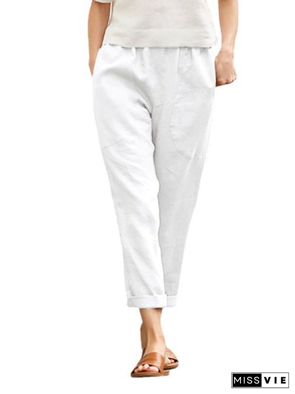 Vintage Pockets Plain Plus Size Casual Pants