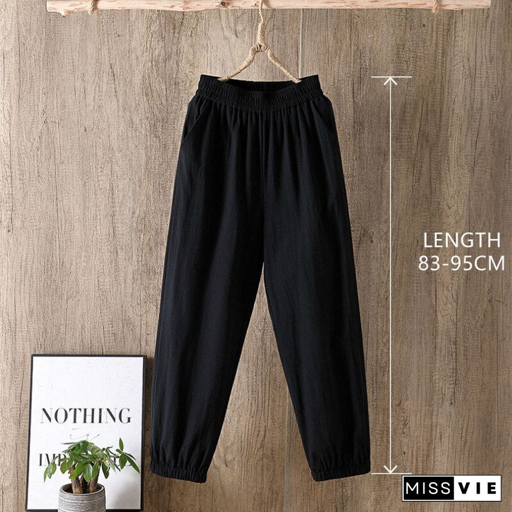 Casual Style Cotton Linen Pants Women Spring Summer New Elastic Waist Solid Basic Retro Loose Women'S Harem Pants Trousers