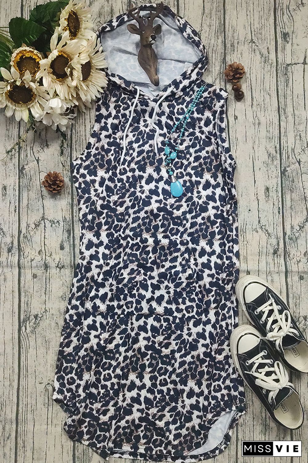 Leopard Sunflower Print Sleeveless Hooded Dress with Pockets