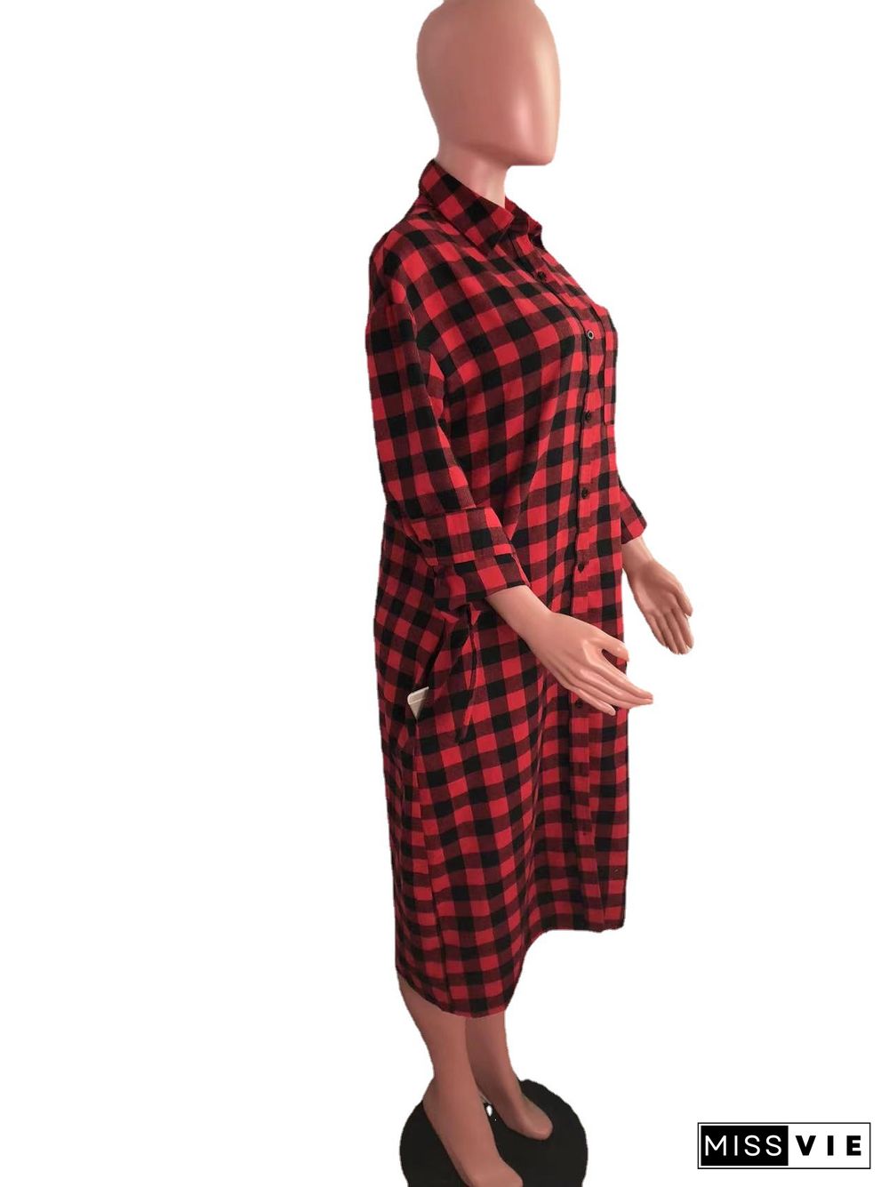 Long Sleeves Single-breasted Plaid Shirt Dress