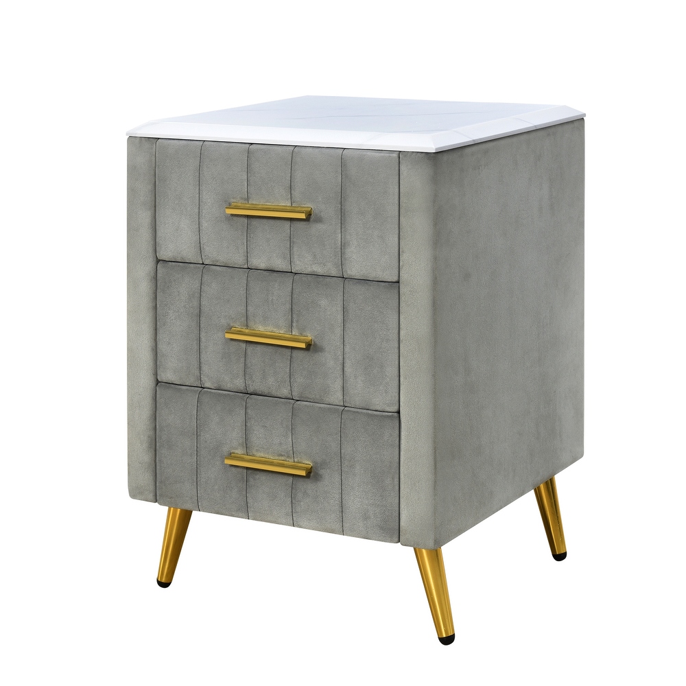 Upholstered Velvet Nightstand with 3 Drawers  Metal Legs and Handles  Storage Bedside Table with Marbling Table Top