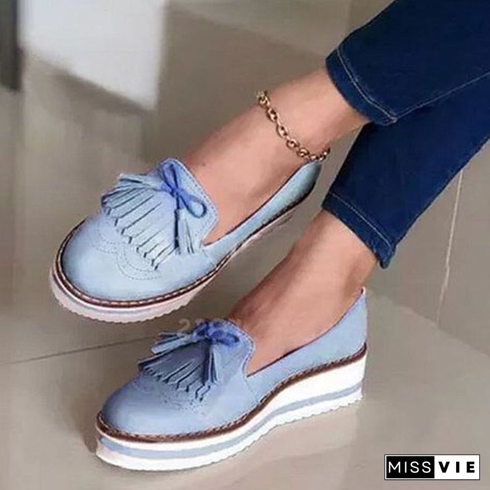 Women Tassel Bowtie Loafers Woman Slip On Sneakers Ladies Soft PU Leather Sewing Flat Platform Female Shoes All Seasons New