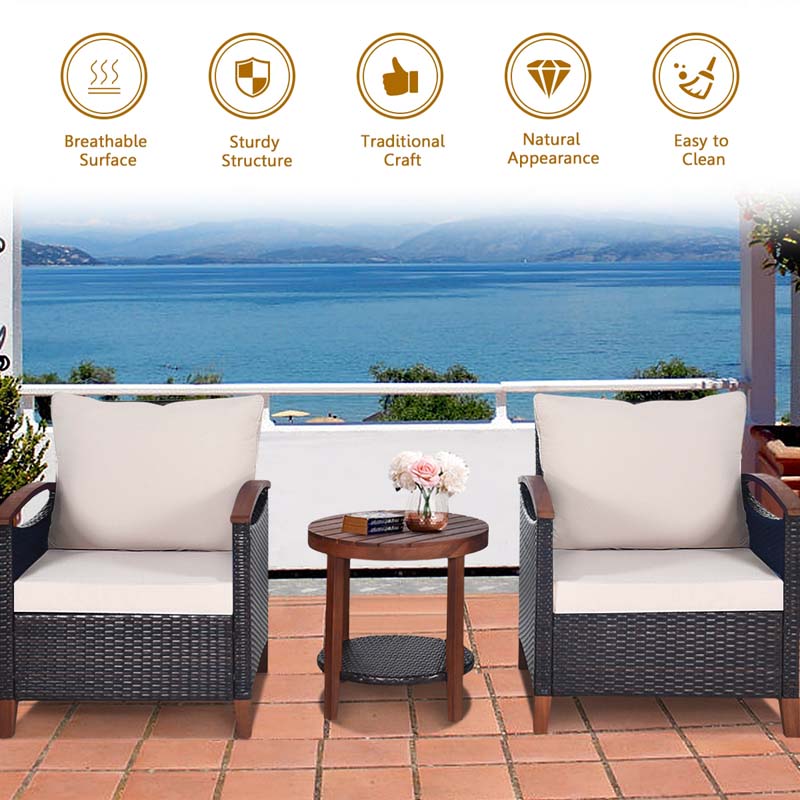 3 Pcs Patio Furniture Set Outdoor Rattan Sofa & Side Table Conversation Bistro Set with Acacia Wood Frame