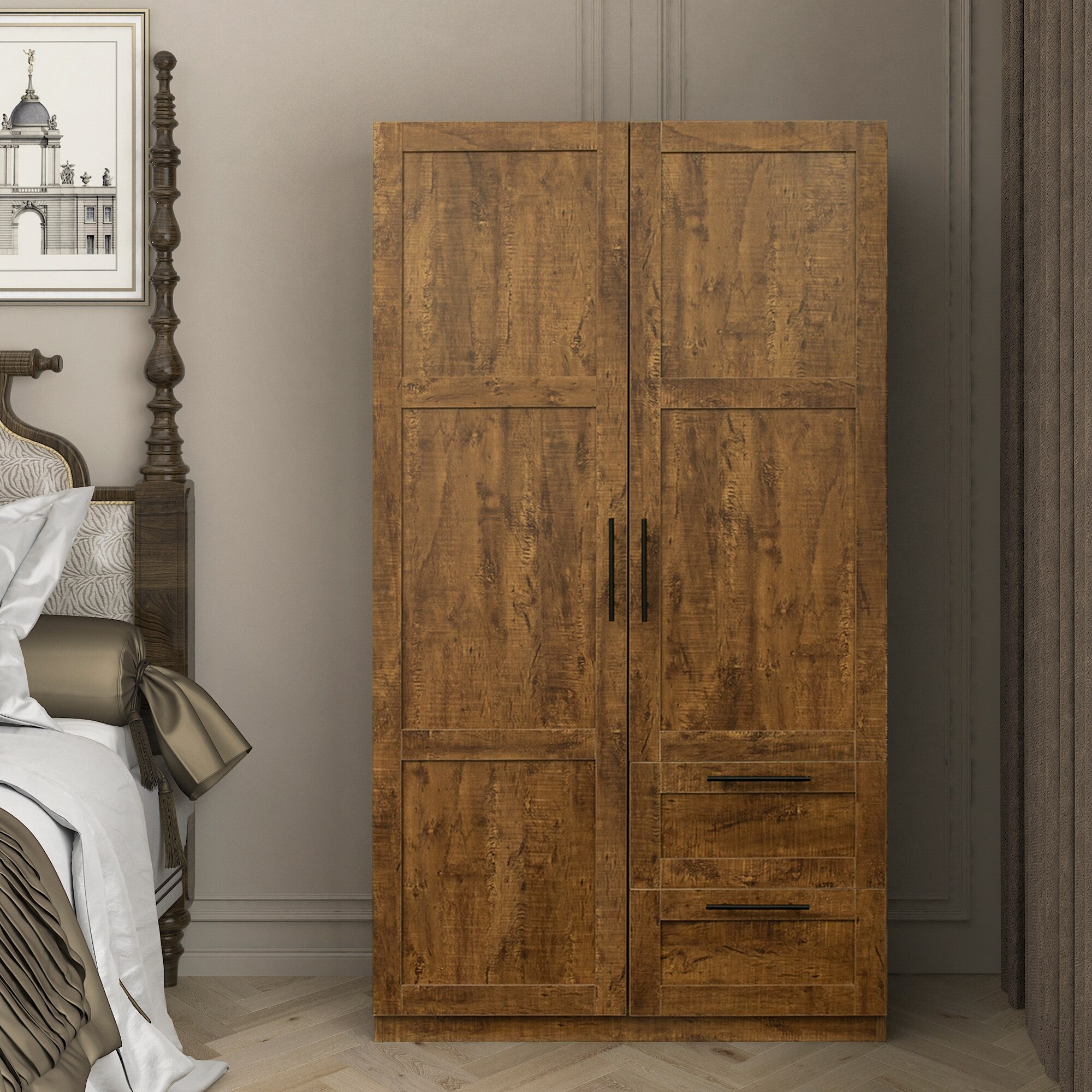 Wood High Wardrobe with 2 Drawers， 5 Storage Space and 2 Doors - - 36394606