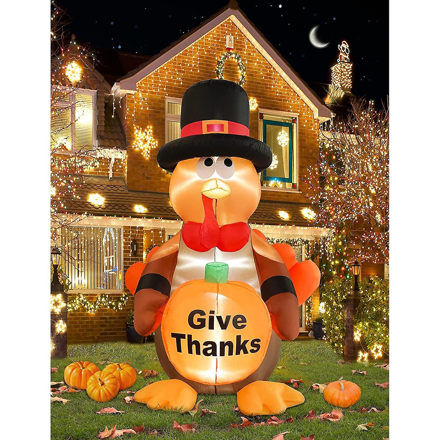 Hopoco 6ft Thanksgiving Inflatables Turkey Outdoor Decorations， Blow Up Turkey Pumpkin Inflatables Built-in Led Lights With Stakes， Tethers， Thanksgiv