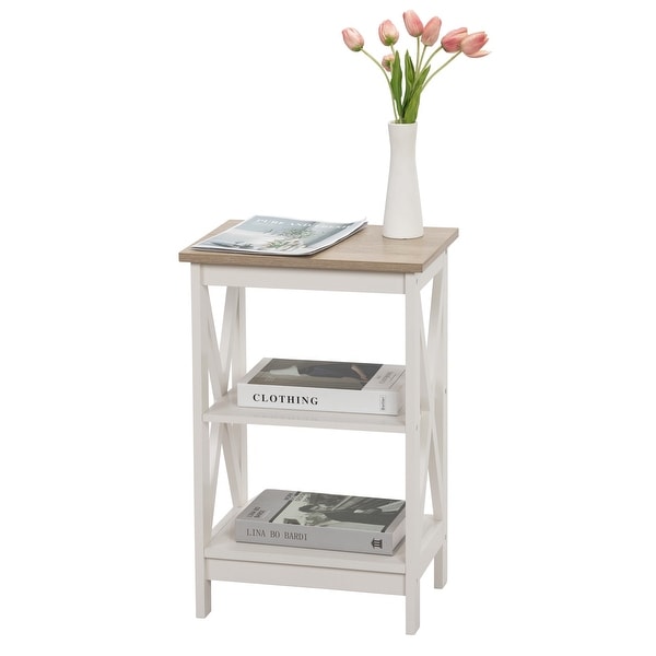 Set of 2 End Table， 3-Tier Wood Nightstand Side Table with X-Design Side for iving Room， Bedroom， Ivory White