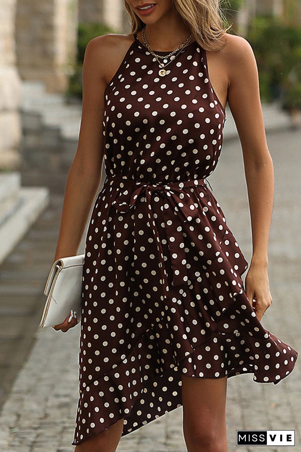 Dots Print Knot Waist Ruffle Mini Dress