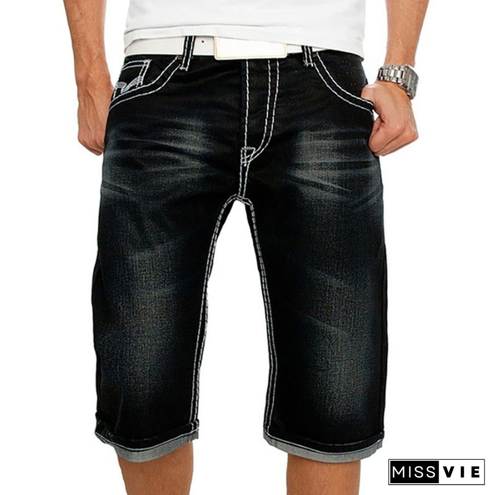 Men's Fashion Denim Shorts Button Closure Slim Fit Five Points Jeans Shorts