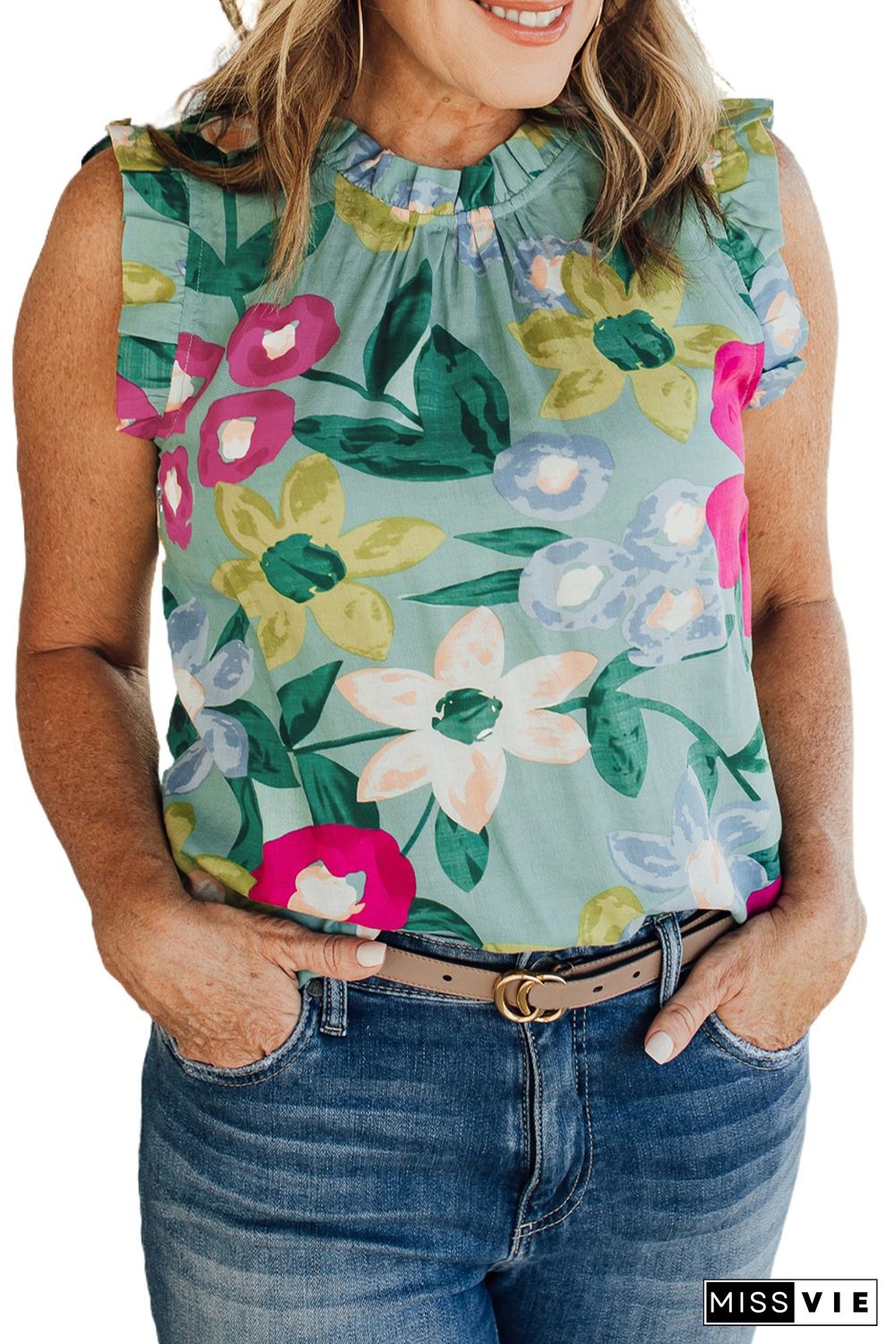 Multicolor Plus Size Floral Print Ruffle Trim Tank Top