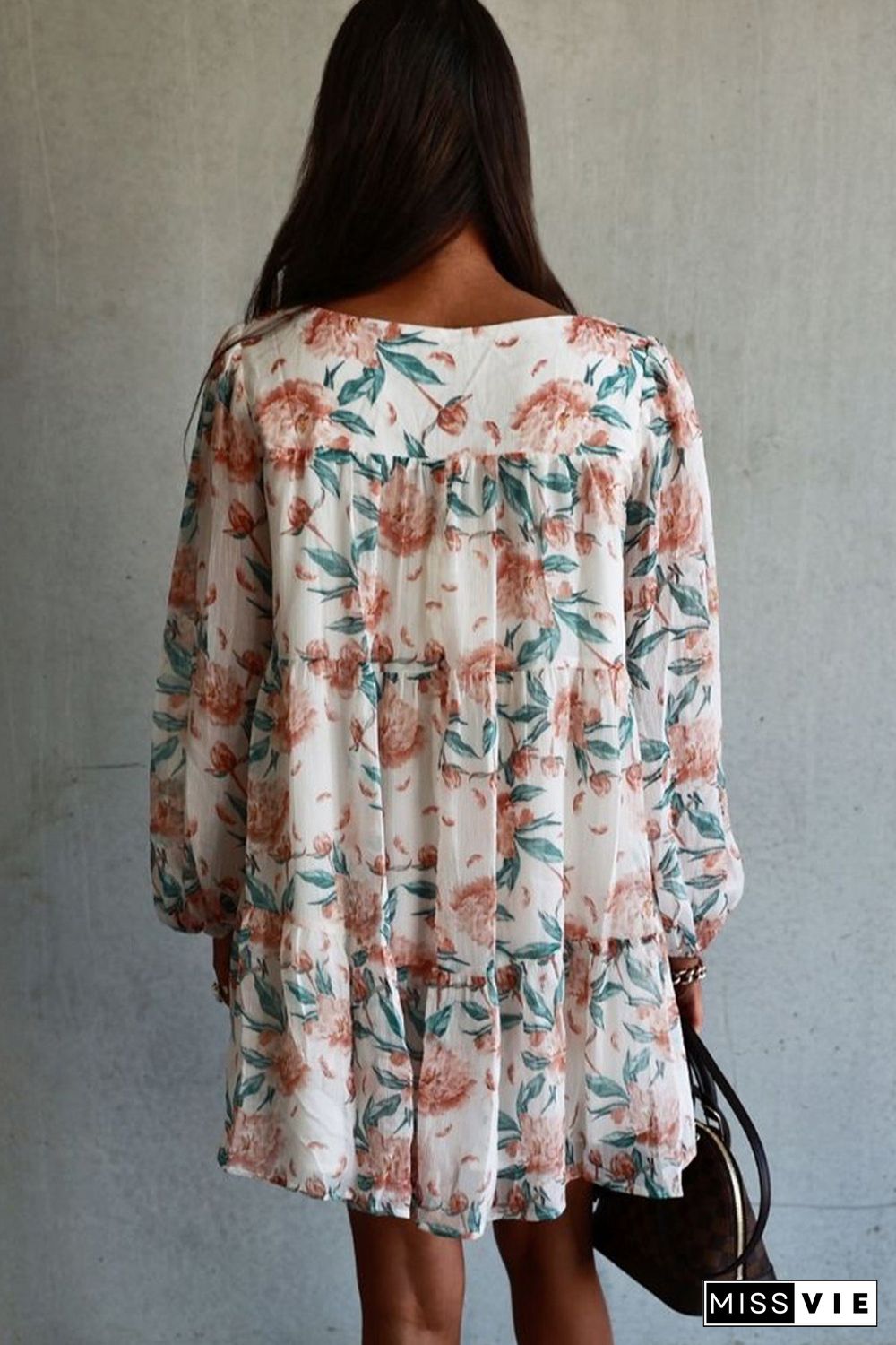 White Loose Bubble Sleeves Floral Print Dress