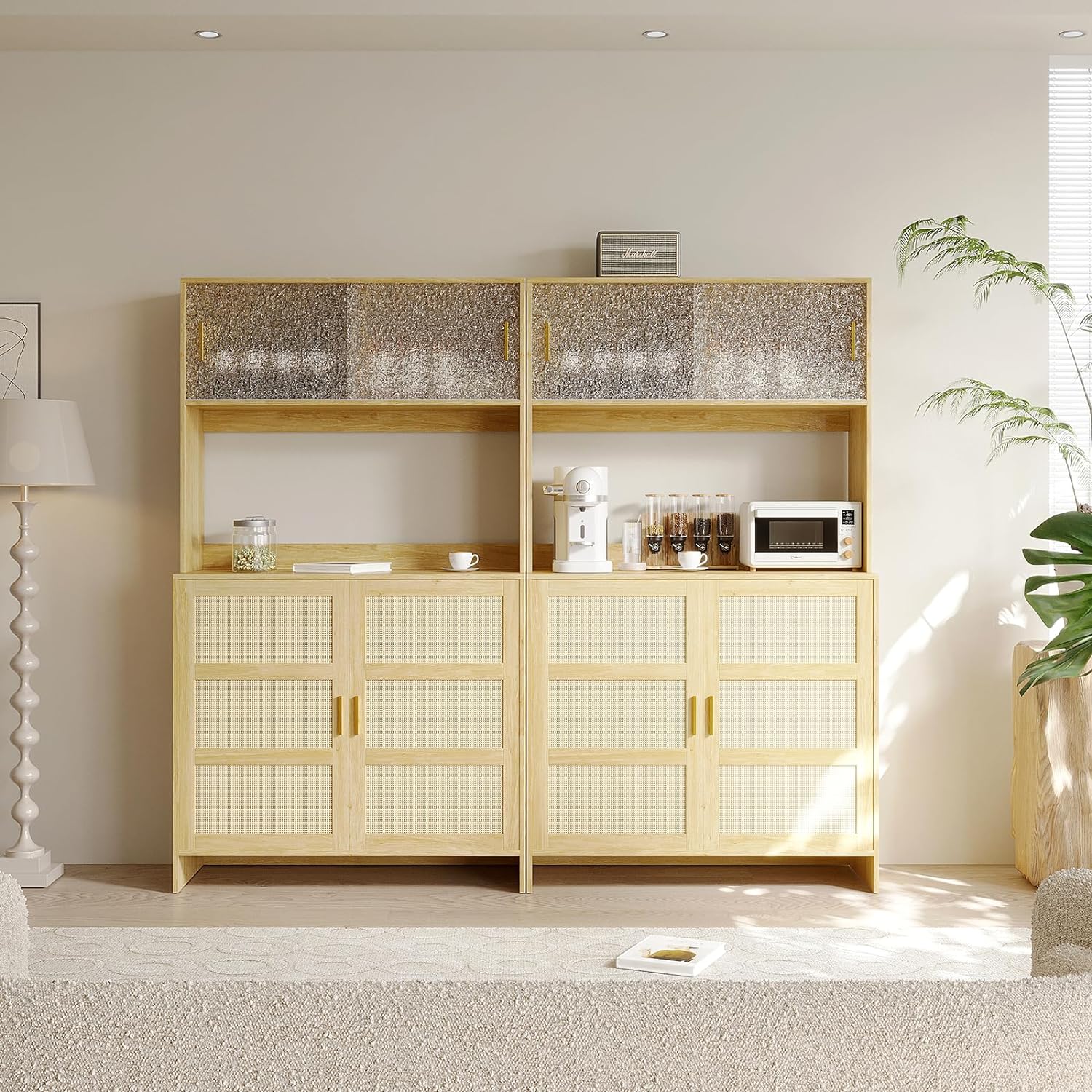 Rattan Kitchen Pantry Storage Cabinet Sideboard Buffet with Sliding Doors Adjustable Shelves