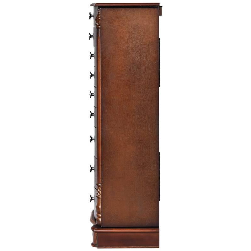 Dark Walnut Large Standing Jewelry Armoire Cabinet with 8 Drawers & 2 Swing Doors, 16 Hooks, Top Mirror Boxes