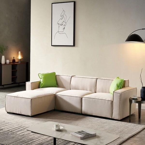 4 Seat Sectional Sofa Set Livingroom Modular Lounge Linen Couch with Ottomanand2 Pillows