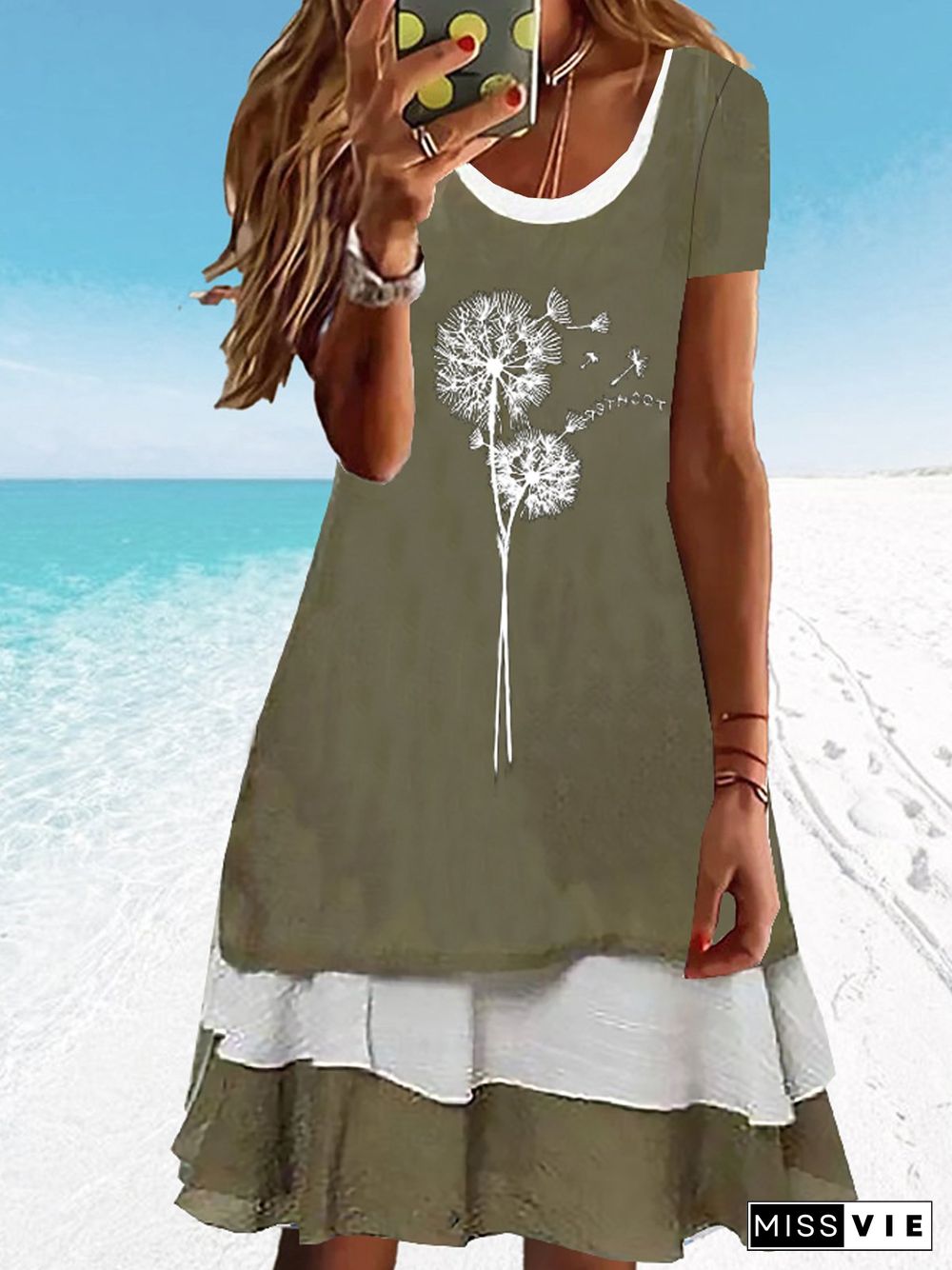 Crew Neck Loosen Dandelion Short Sleeve Woven Dress