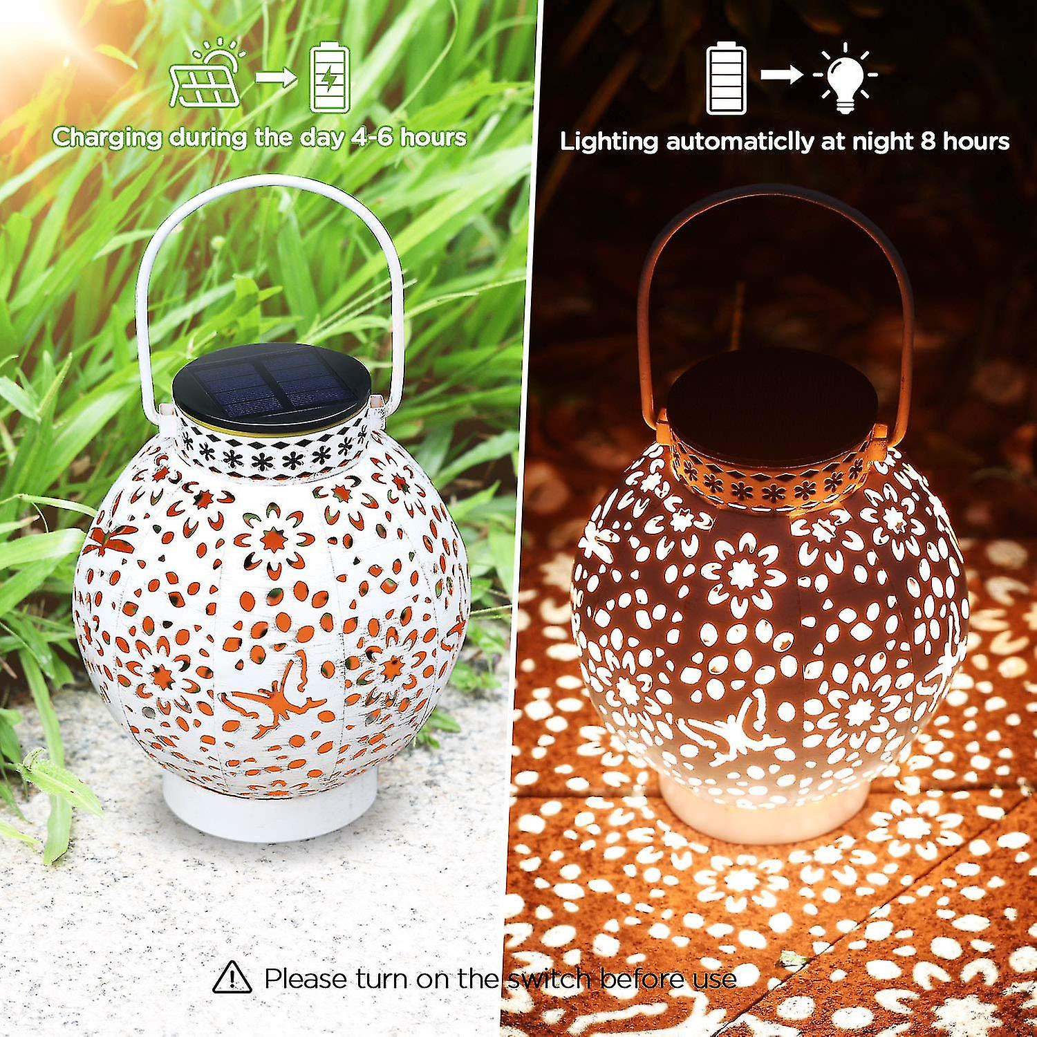 Solar Lanterns Lights Outdoor， Metal Hanging Solar Garden Lights With Vintage White Finish And Dual Color Led