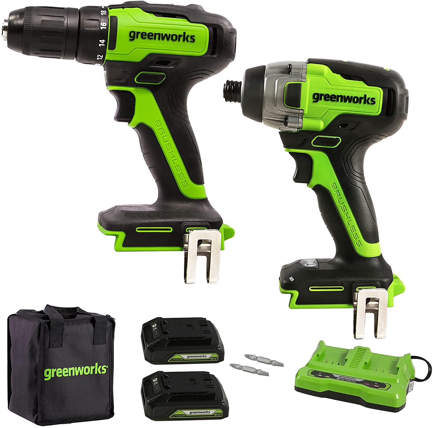 Greenworks 24V Brushless 310 in./lbs Drill / Driver + 1900 in./lbs Impact Driver Combo Kit， (2) USB (Power Bank) Batteries and Dual Port Charger， LED Light， 2pcs Driving Bits with Tool Bag， 1309702AZ