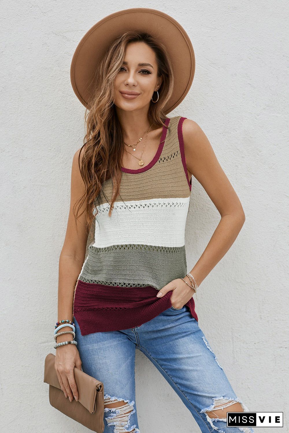 Burgundy Color Block Knitted Tank Top