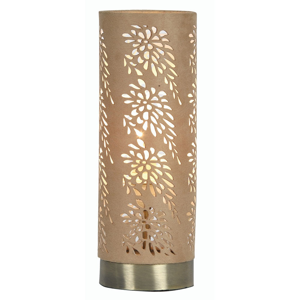 Oaks TL 905 AB Tema Antique Brass & Beige Suede Etched Design Touch Table Lamp