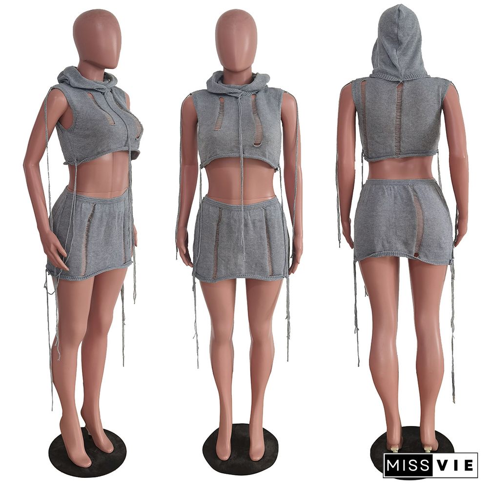 Knit Drawstring Hooded Sleeveless Crop Top Skirts Set