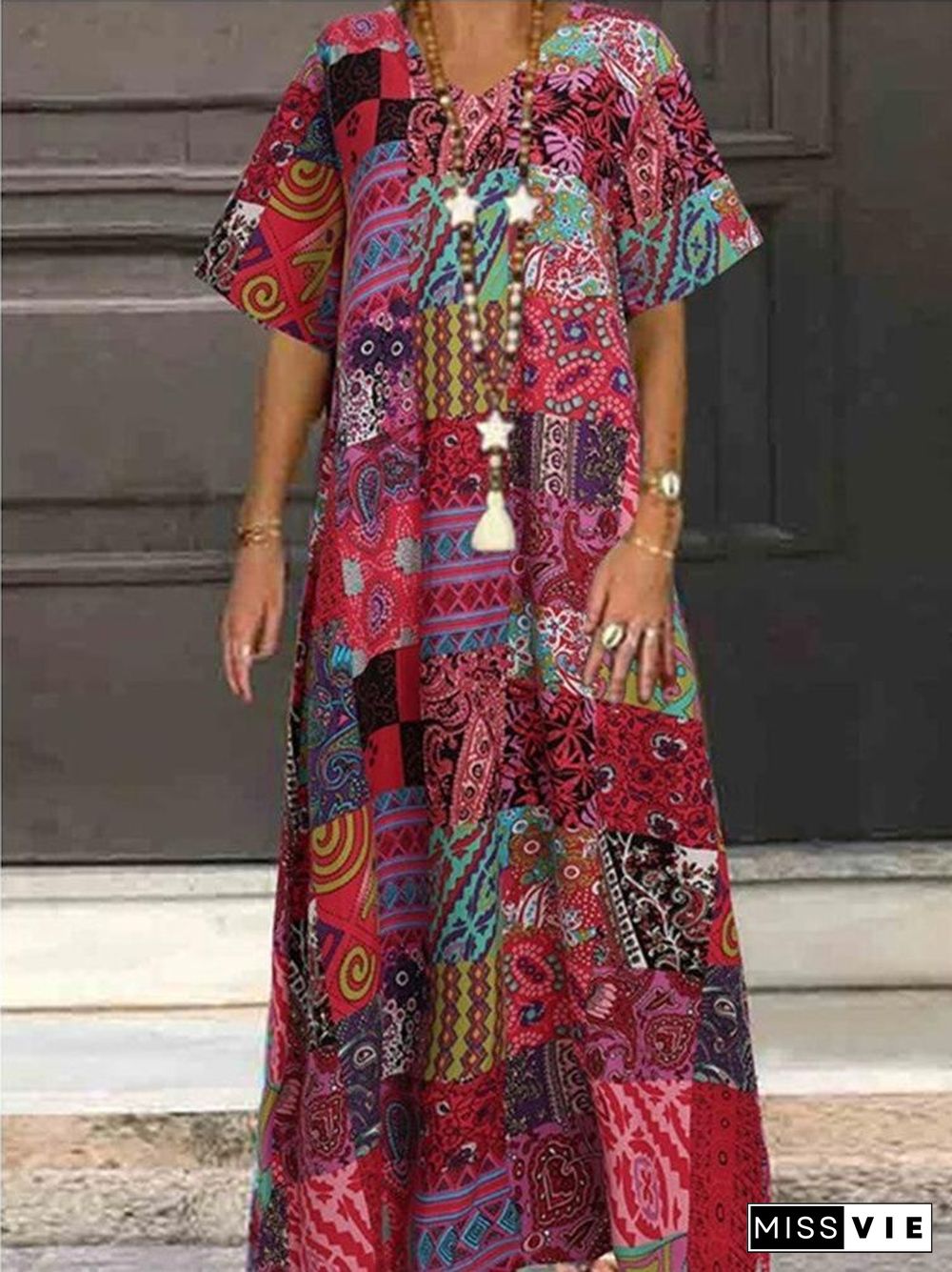 Ethnic Style Plus size Loose V-neck Printed Maxi dress