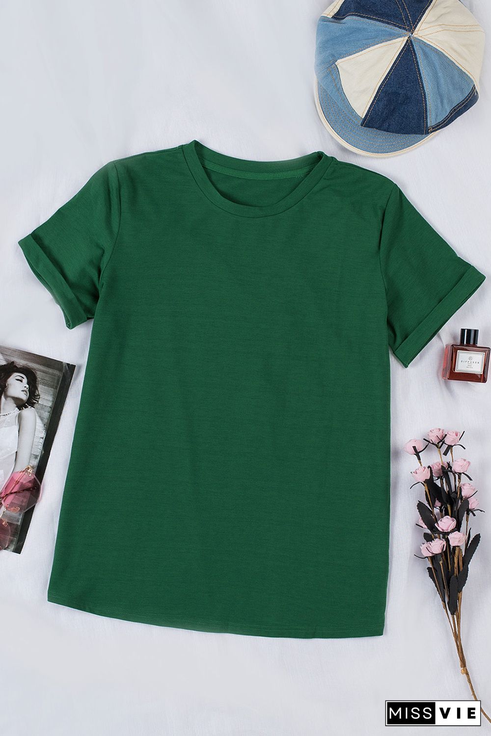 Green Solid Color Crew Neck Tee