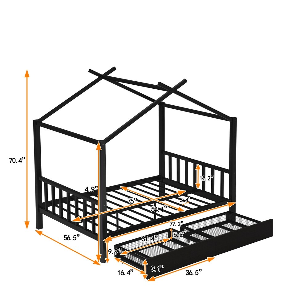 Full Size Metal House Platform Bed with Headboard and Footboard Roof Design Two Drawers Safe Guaranteed