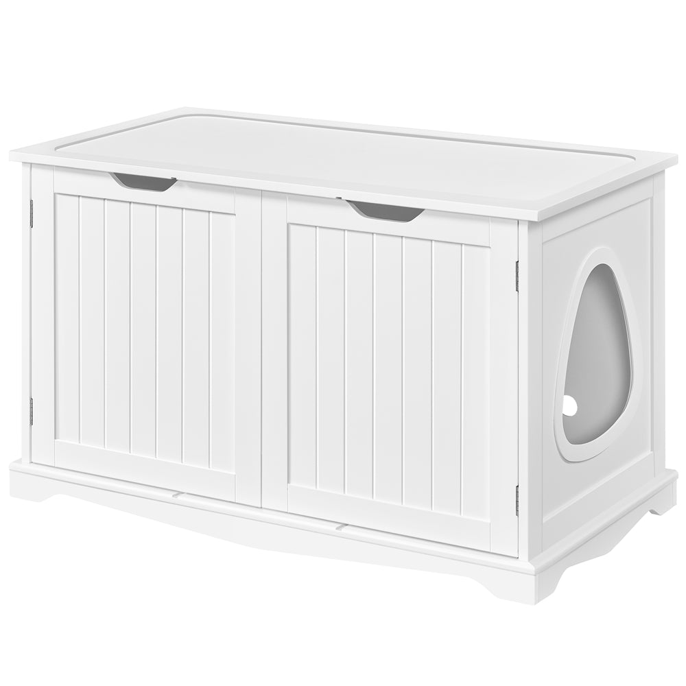 Topeakmart Wooden Hidden Cat Litter Box Side Table Washroom Storage Bench with Divider， White