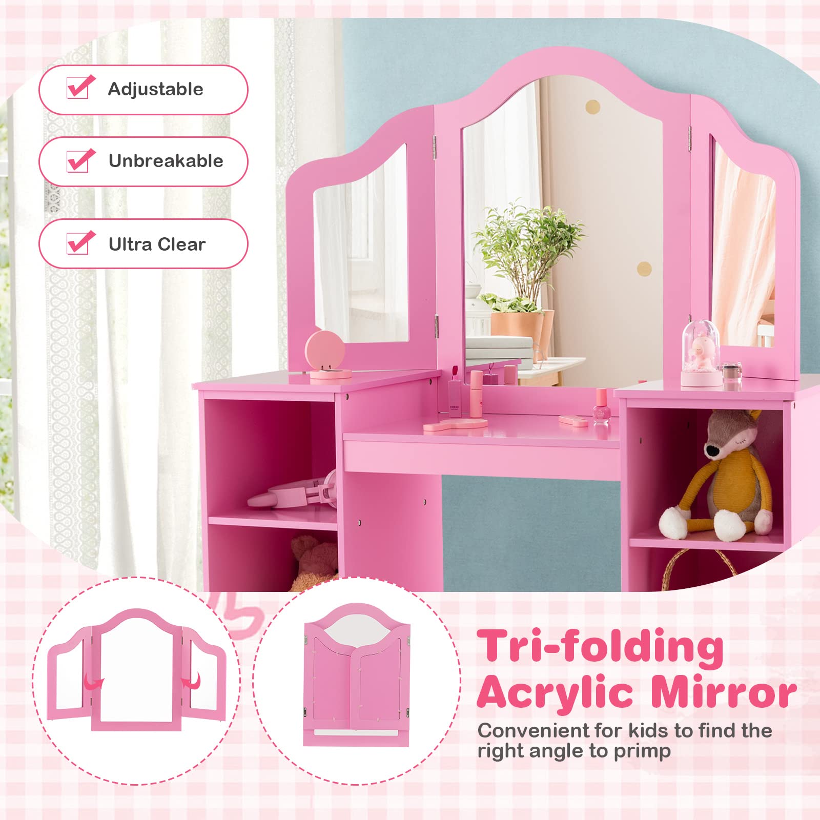 Costzon Kids Vanity Set, 2 in 1 Princess Makeup Dressing Table with Detachable Tri-Folding Mirror