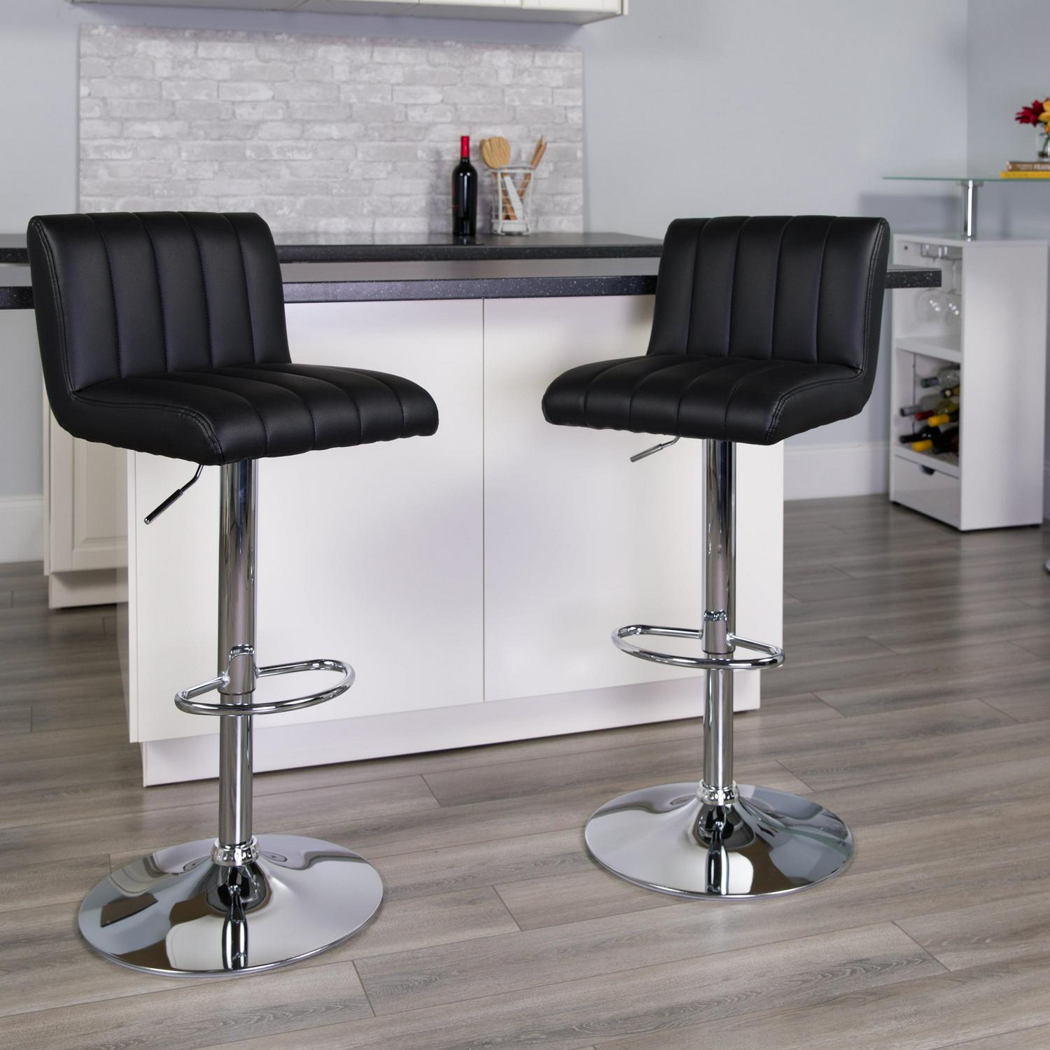 Flash Furniture Contemporary Black Vinyl Adjustable Height Barstool with Vertical Stitch Back/Seat and Chrome Base