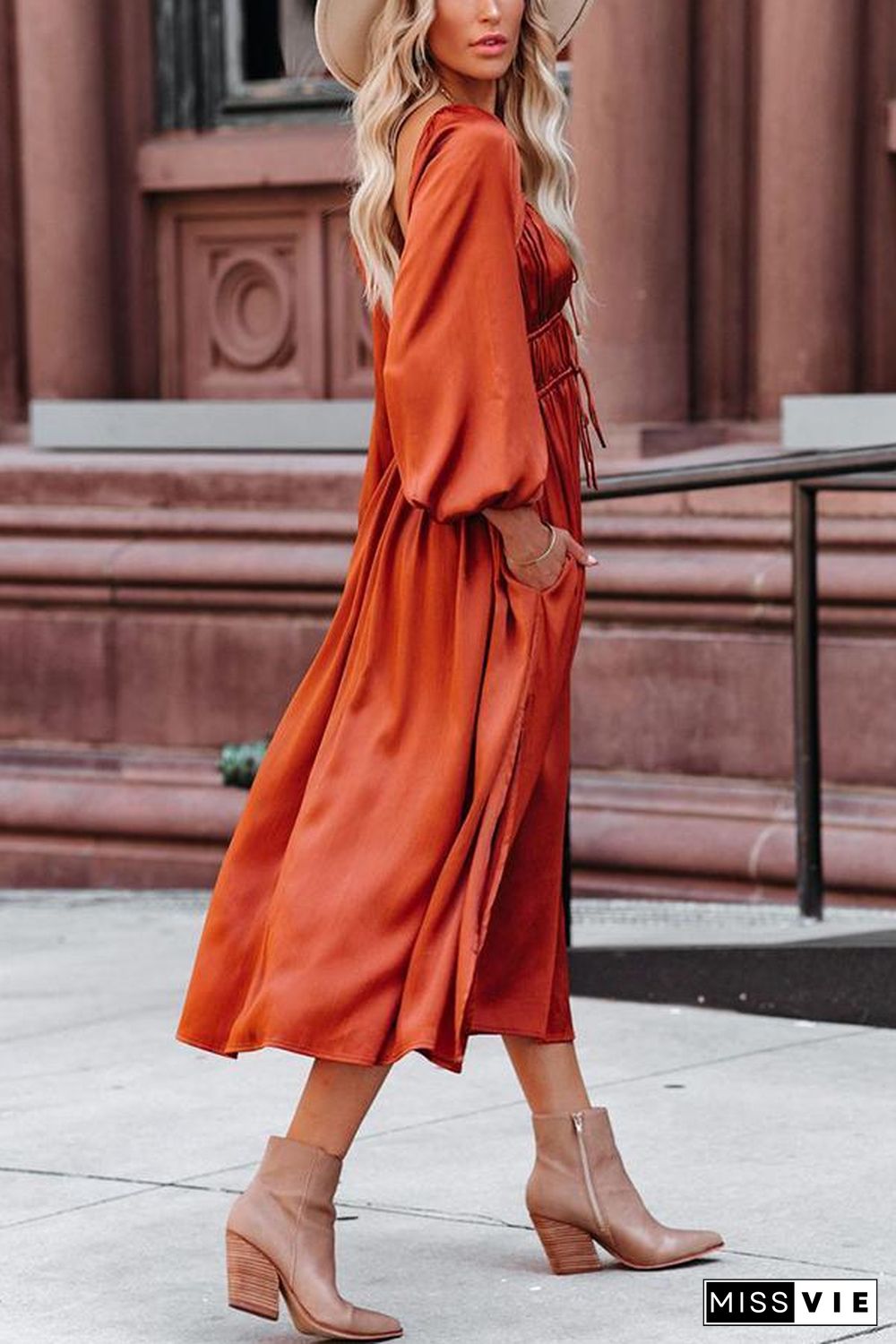 Satin Pocket Drawstring Long Sleeve Midi Dress