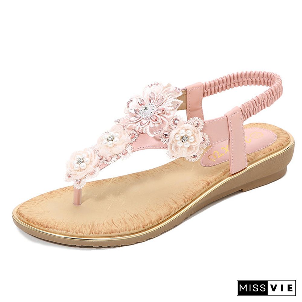 Women Rhinestone Floral Comfy Sole Beach Thong Sandals Shoes