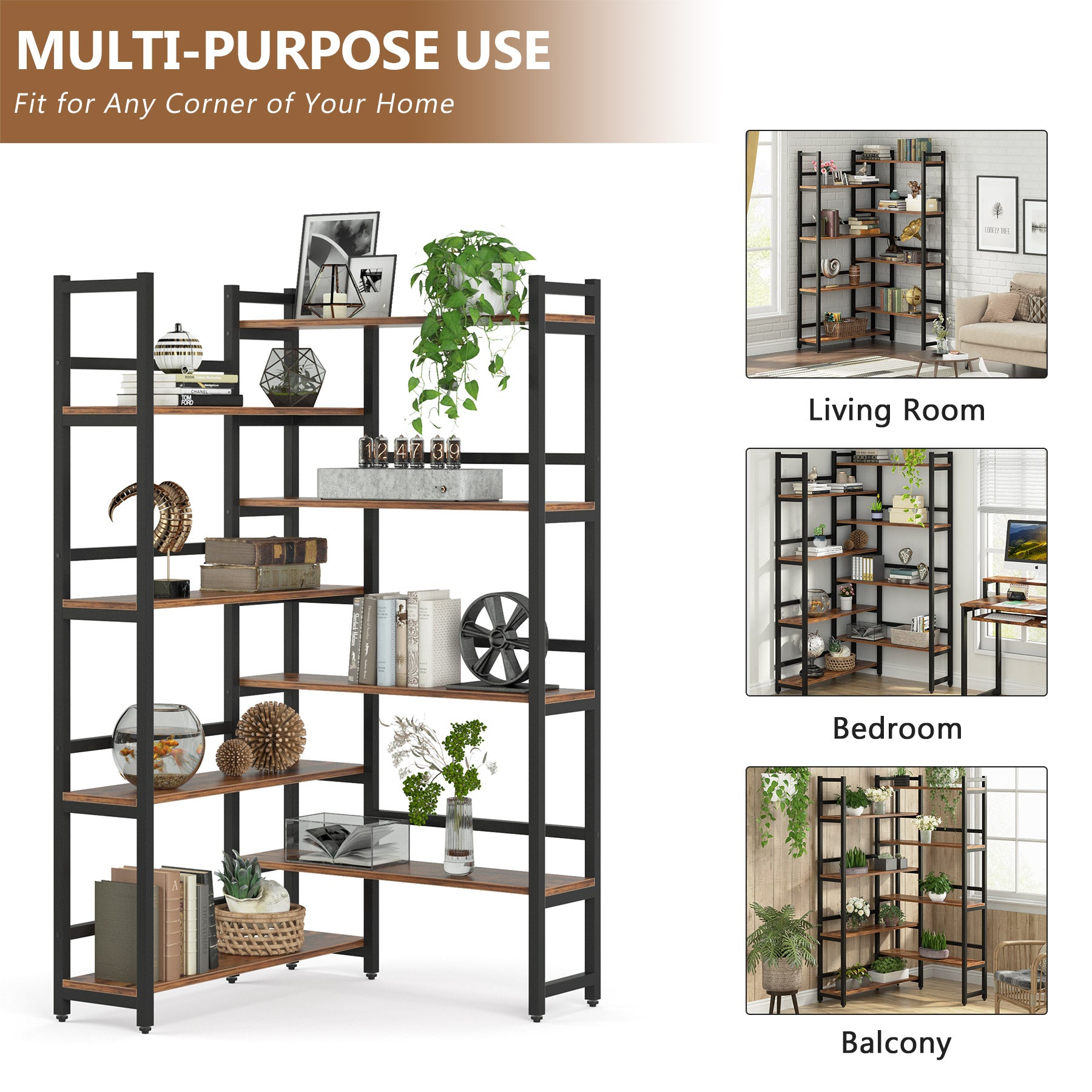 70.8 Corner Bookshelf, 8-Tier Industrial  Bookcase Corner Display Rack